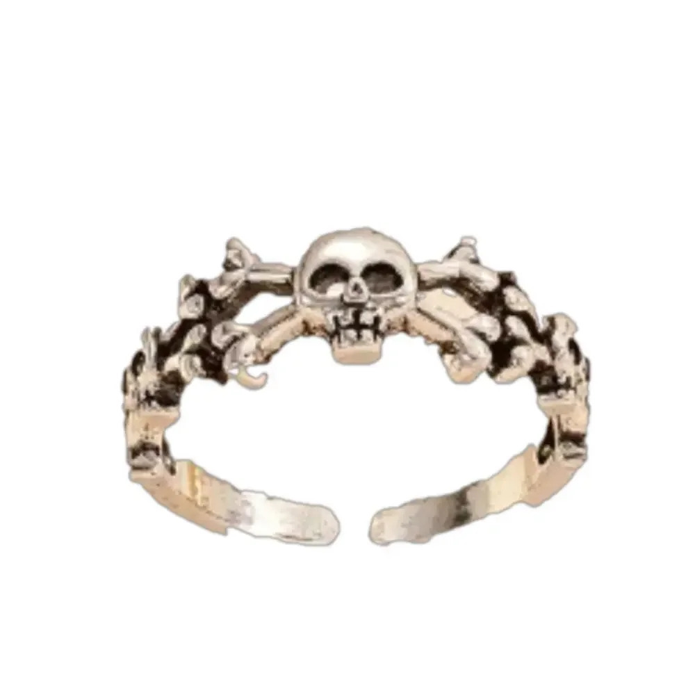 New skull‎ ring cross bones adjustable ring silver tone antique finish